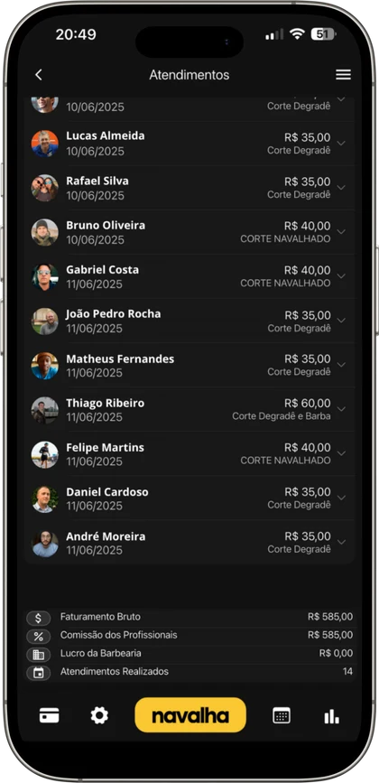 Lista de atendimentos no aplicativo Navalha