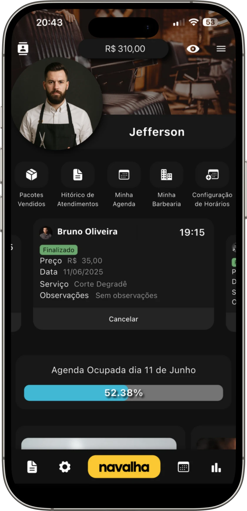Perfil do profissional com seu próximo atendimento e ocupação da agenda