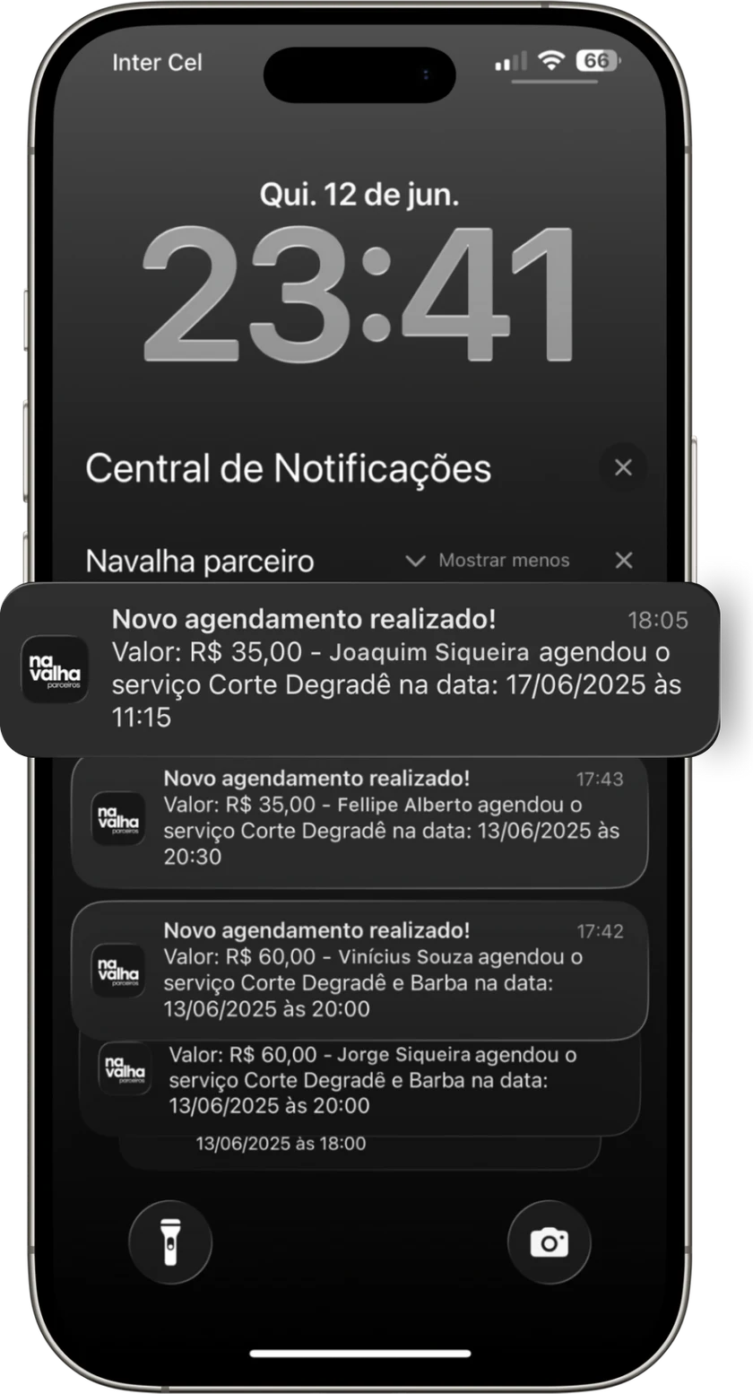 Tela de notificações com avisos de agendamentos do Navalha