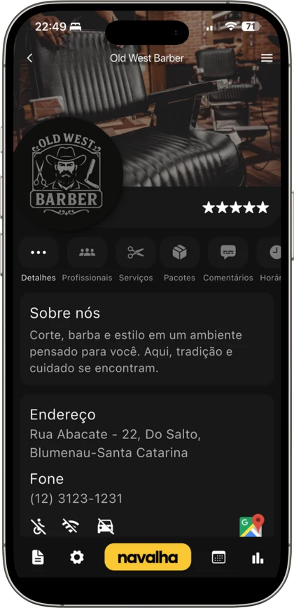 Apresentação da barbearia com nome, endereço e profissionais