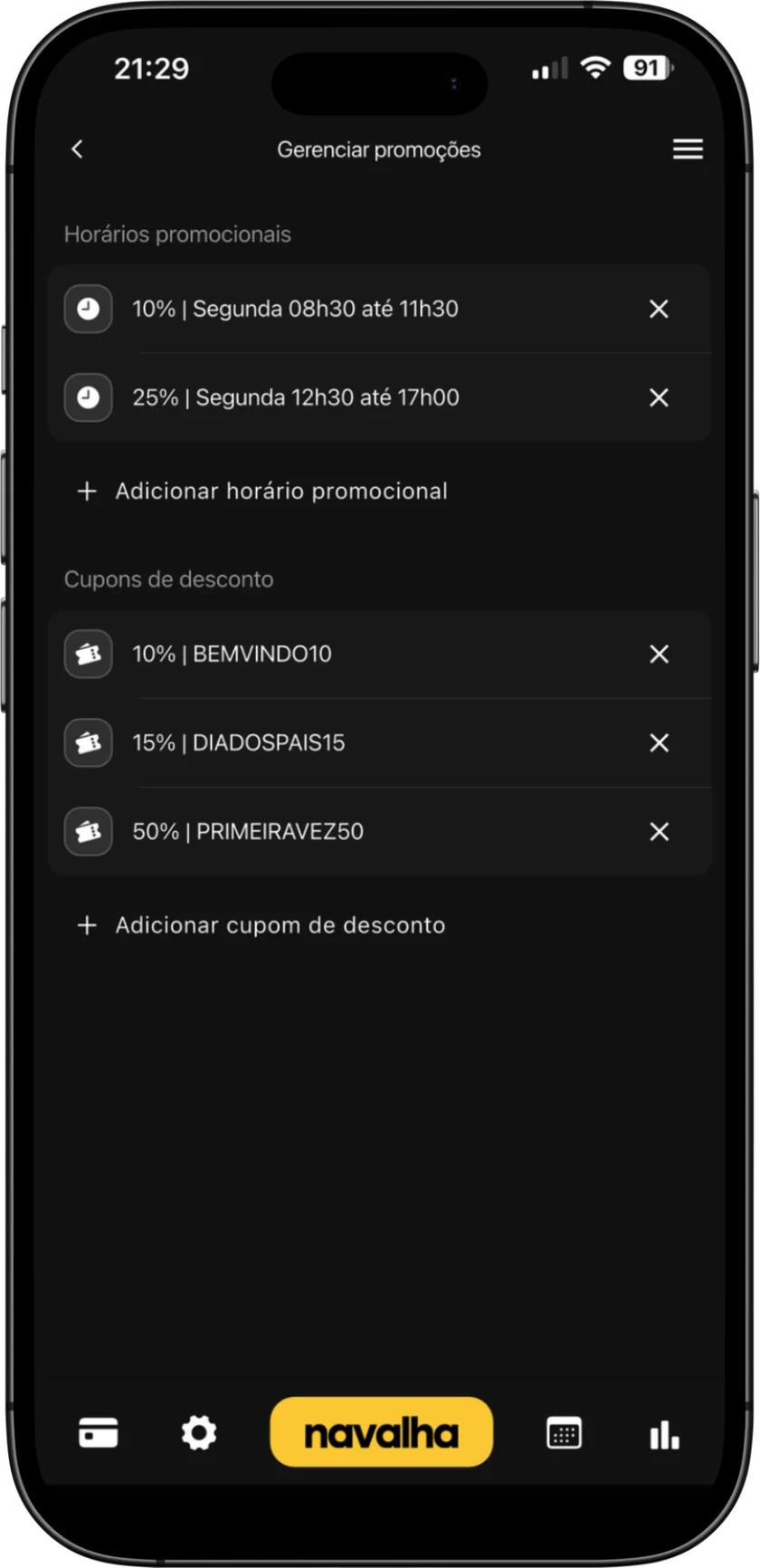 Central de promoções com horários promocionais e cupons de desconto