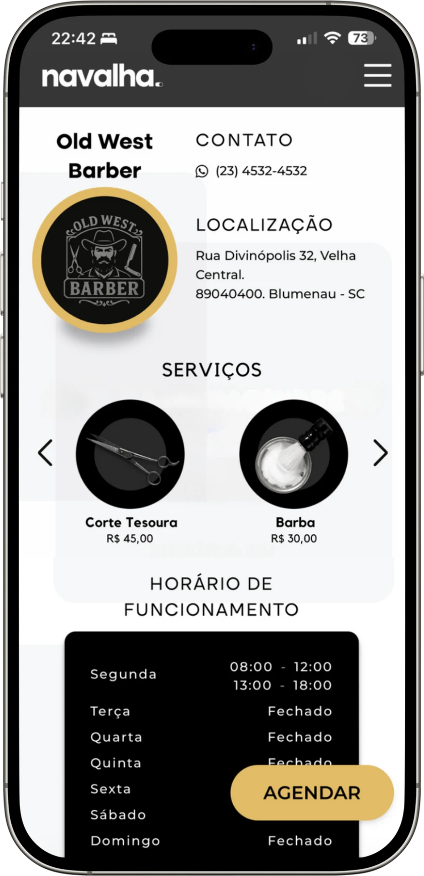 Página personalizada da barbearia com serviços e botão para agendar